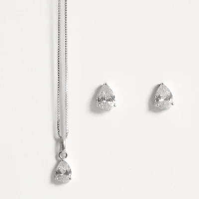 Conjunto Brinco e Colar Zircônia Gota Cristal 7x5mm 45cm