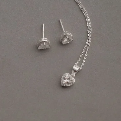 Conjunto Brinco e Colar Zircônia Coração Com Cravejo 7mm, Corrente Cadeadinho 40cm