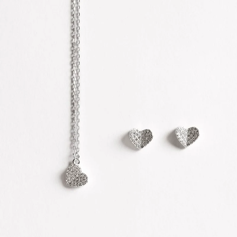 Conjunto Brinco e Colar Coração Cravejado 8mm Corrente Cadeado 40+5cm