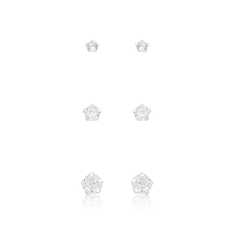 Trio de Brincos Ponto de Luz Redondo em Prata 925 – 3, 4 e 5 mm