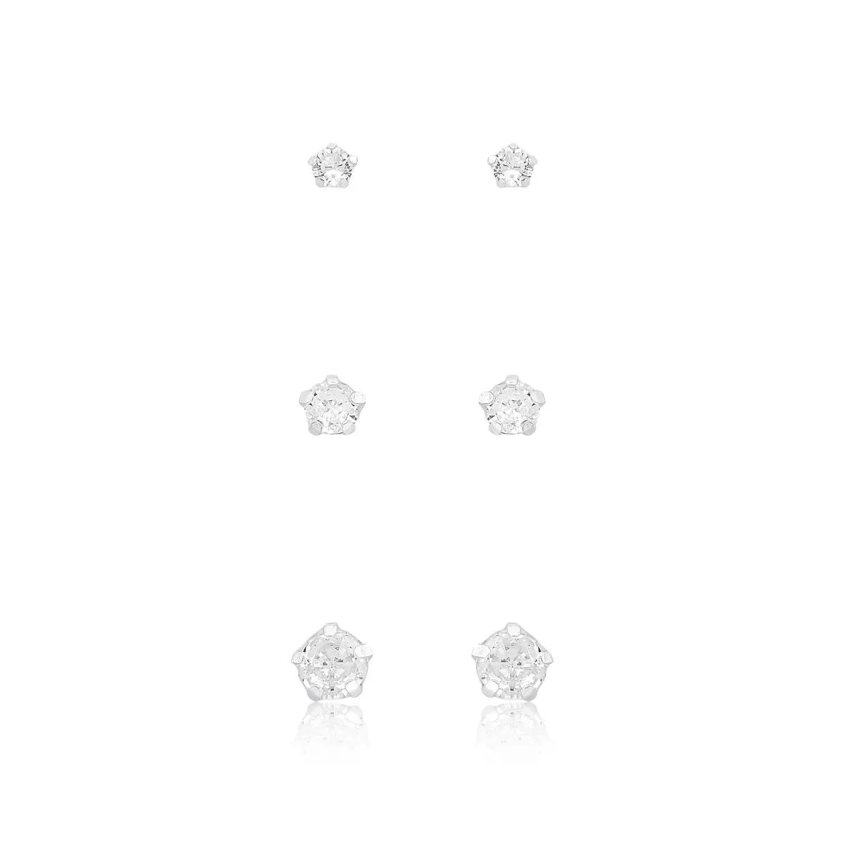 Trio de Brincos Ponto de Luz Redondo em Prata 925 – 3, 4 e 5 mm