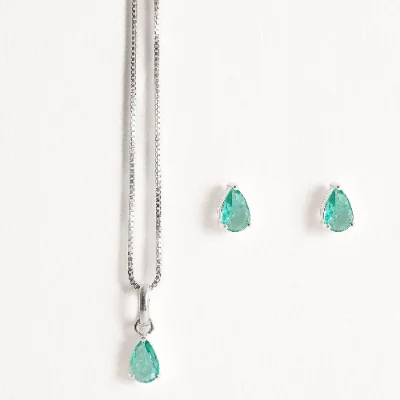 Conjunto Brinco e Colar Zircônia Gota Turmalina 6x4 40cm