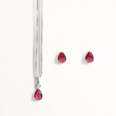 Conjunto Brinco e Colar Zircônia Gota Rubi 6x4mm 40cm