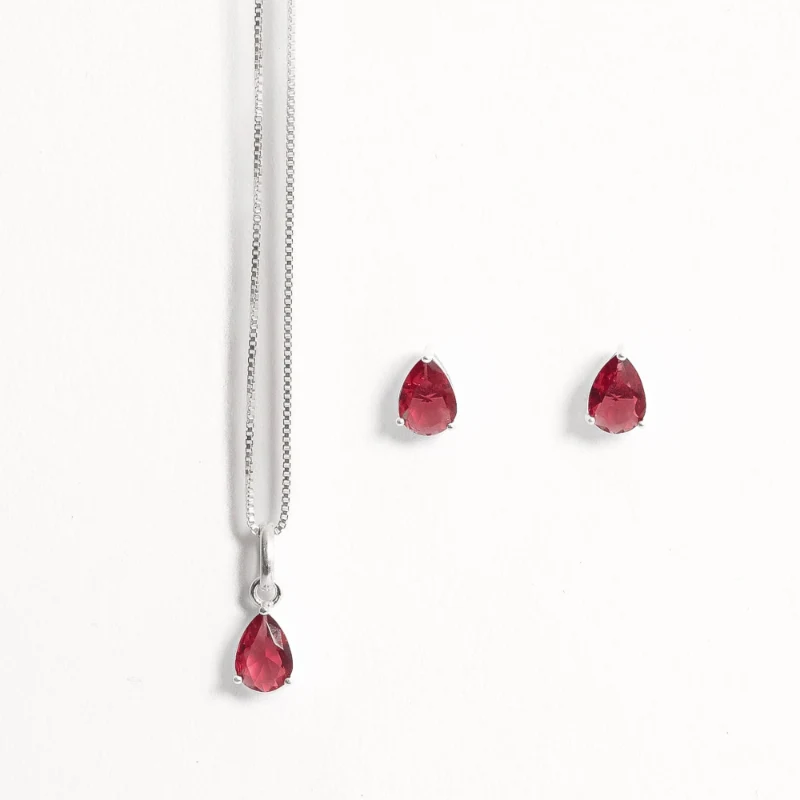 Conjunto Brinco e Colar Zircônia Gota Rubi 6x4mm 40cm