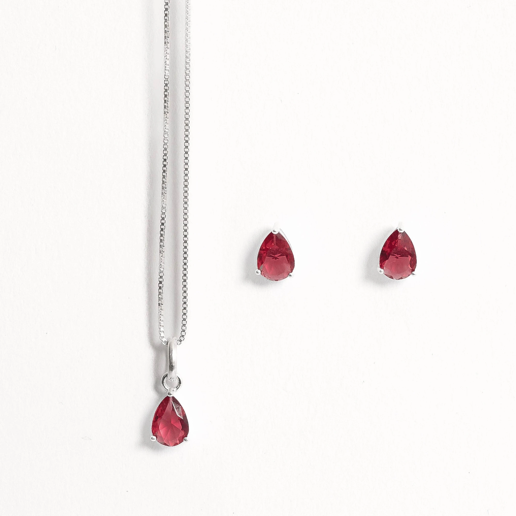 Conjunto Brinco e Colar Zircônia Gota Rubi 6x4mm 40cm