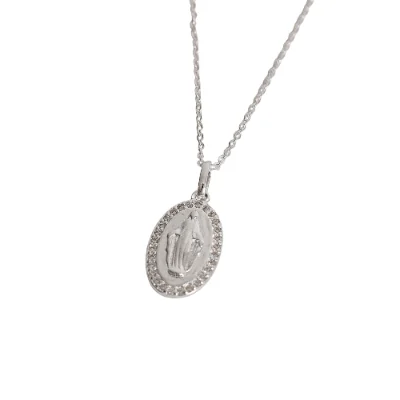 Colar Pingente Medalha Oval Nsa. Sra. Das Graças Com Cravejo 16mm Corrente Cadeadinho 45cm