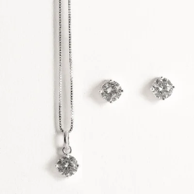 Conjunto Brinco e Colar Zircônia Redonda Cristal 6mm 45cm