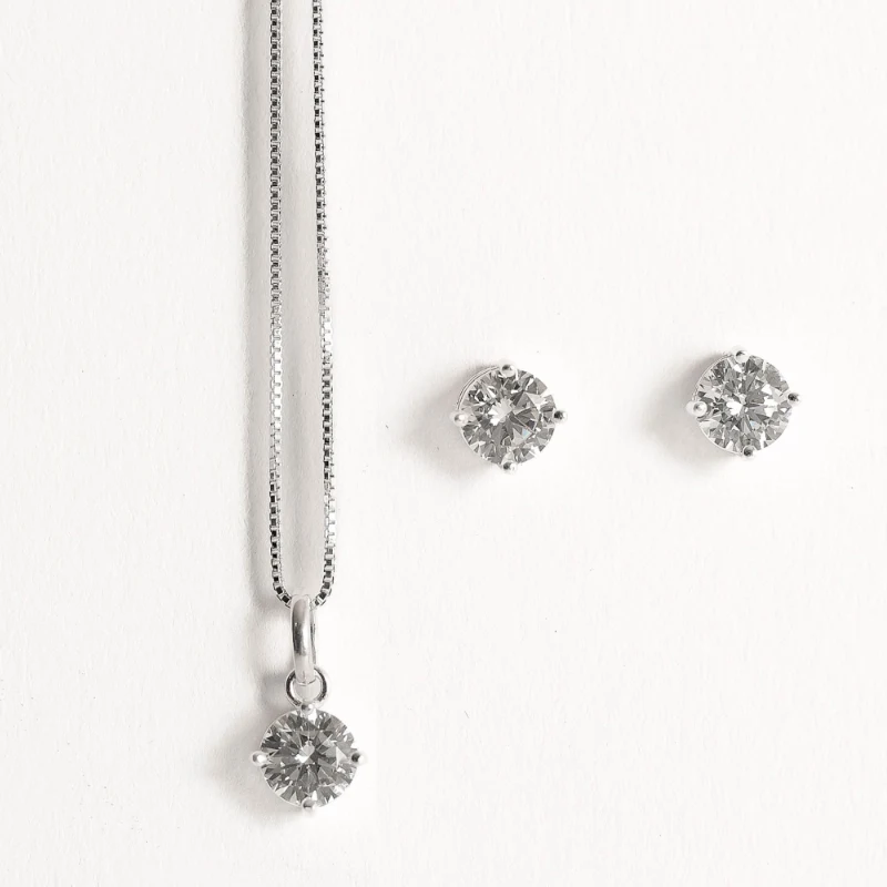 Conjunto Brinco e Colar Zircônia Redonda Cristal 6mm 45cm