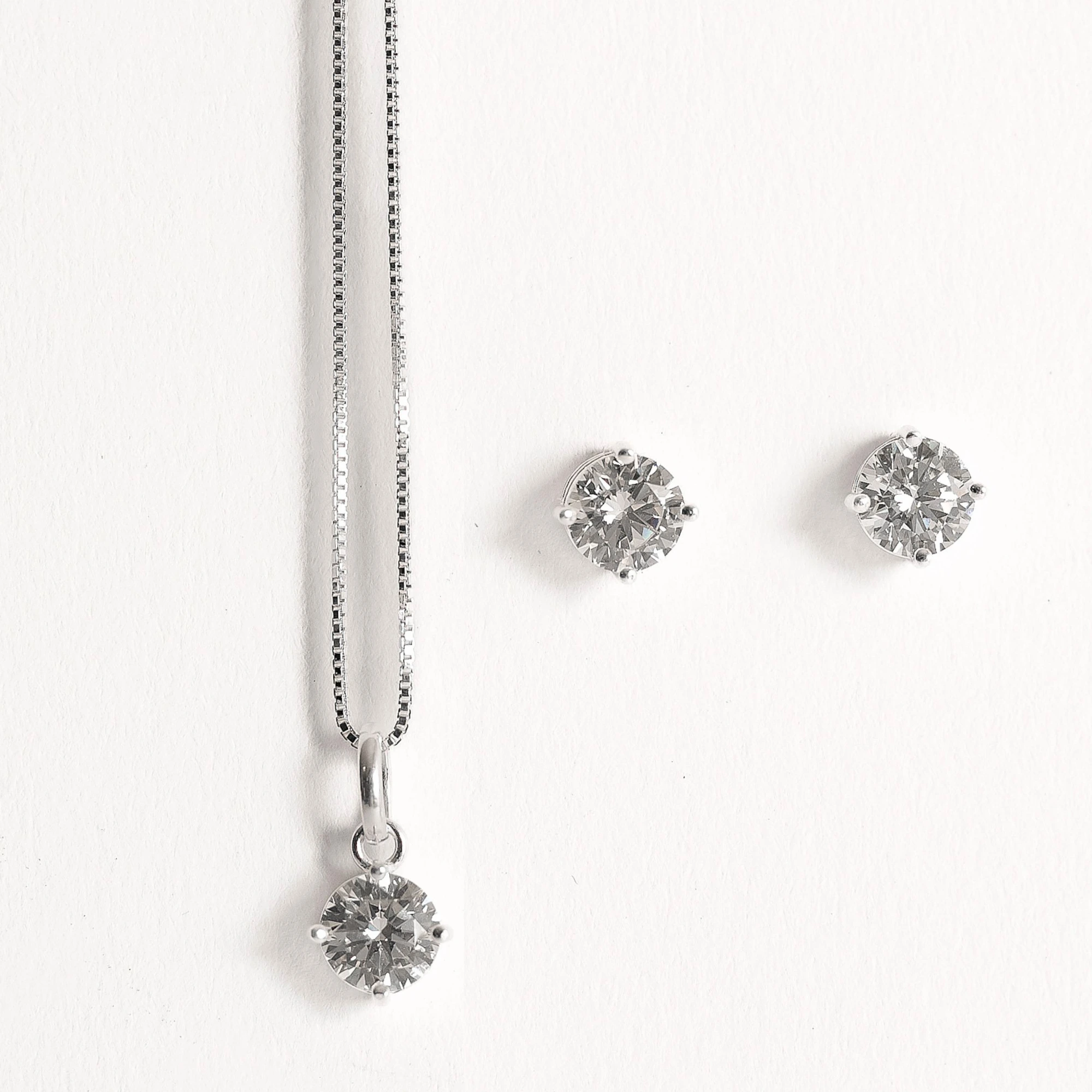 Conjunto Brinco e Colar Zircônia Redonda Cristal 6mm 45cm