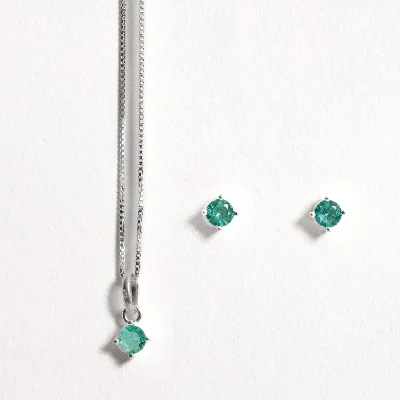 Conjunto Brinco e Colar Zircônia Redonda Turmalina 4mm 40cm