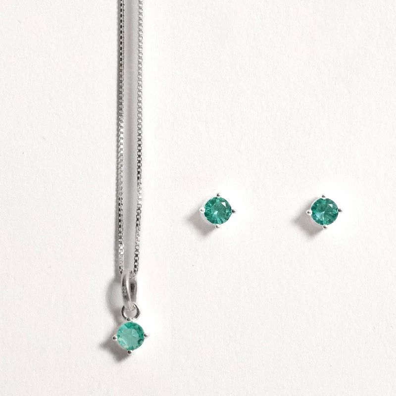 Conjunto Brinco e Colar Zircônia Redonda Turmalina 4mm 40cm