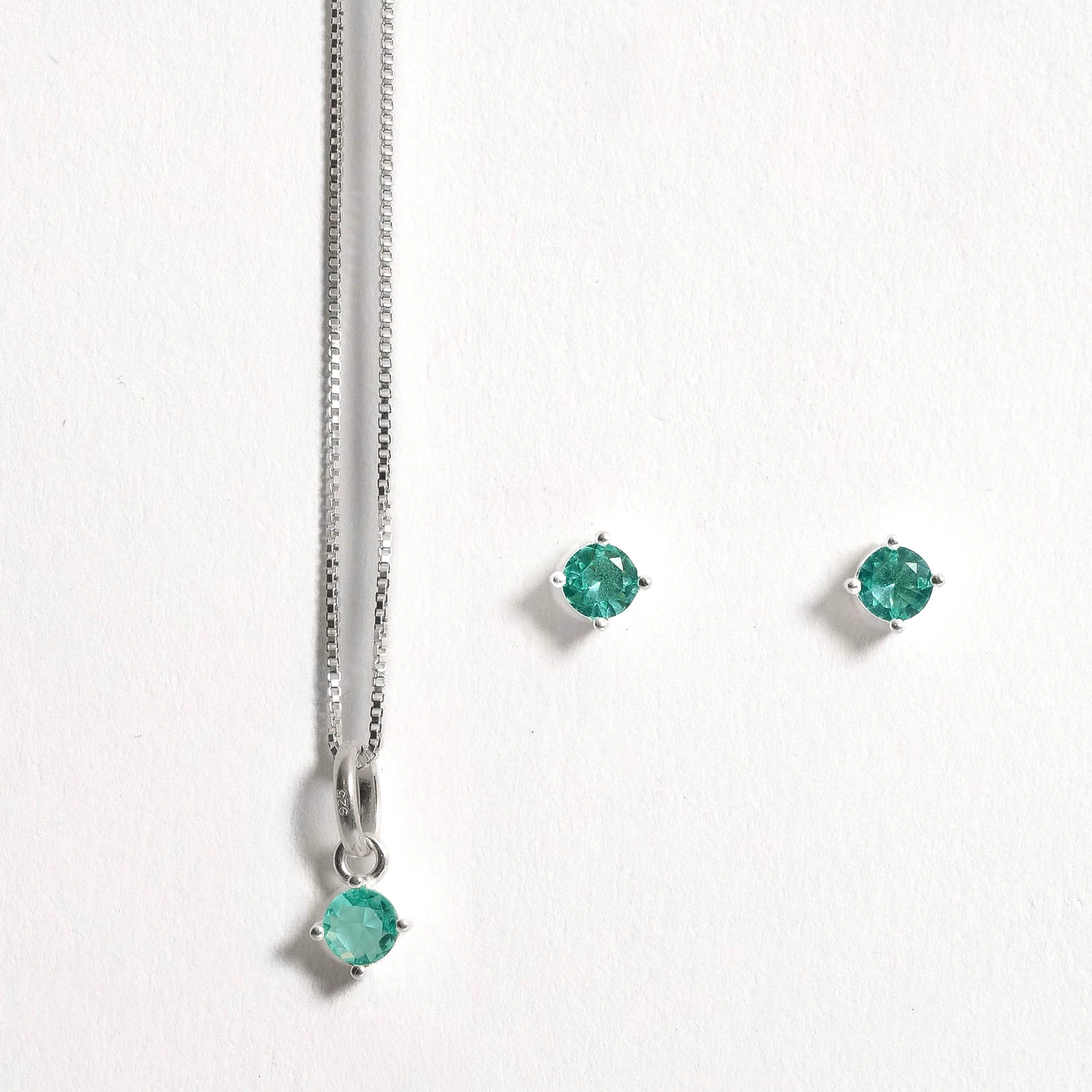 Conjunto Brinco e Colar Zircônia Redonda Turmalina 4mm 40cm