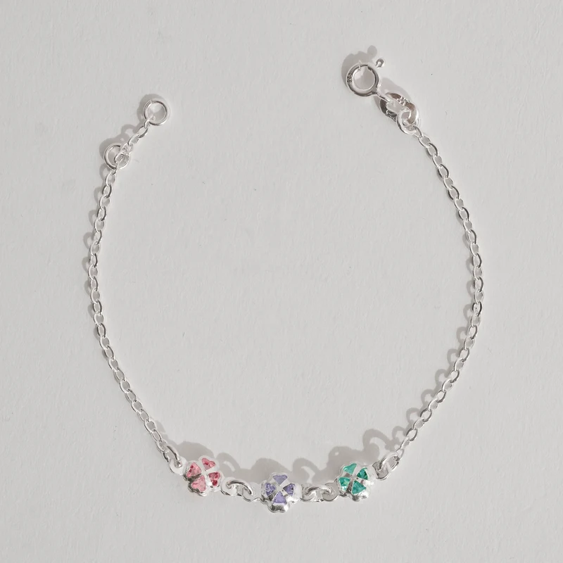 Pulseira Infantil Entremeio 3 Trevos com Zircônias Coloridas 6mm 15cm
