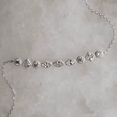 Pulseira Entremeio Zircônias Redonda, Losango e Navete Corrente Cadeado 16+5cm