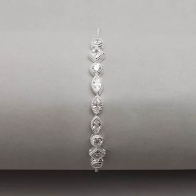 Pulseira Entremeio Zircônias Redonda, Losango e Navete Corrente Cadeado 16+5cm