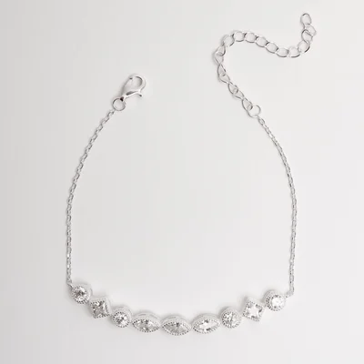 Pulseira Entremeio Zircônias Redonda, Losango e Navete Corrente Cadeado 16+5cm